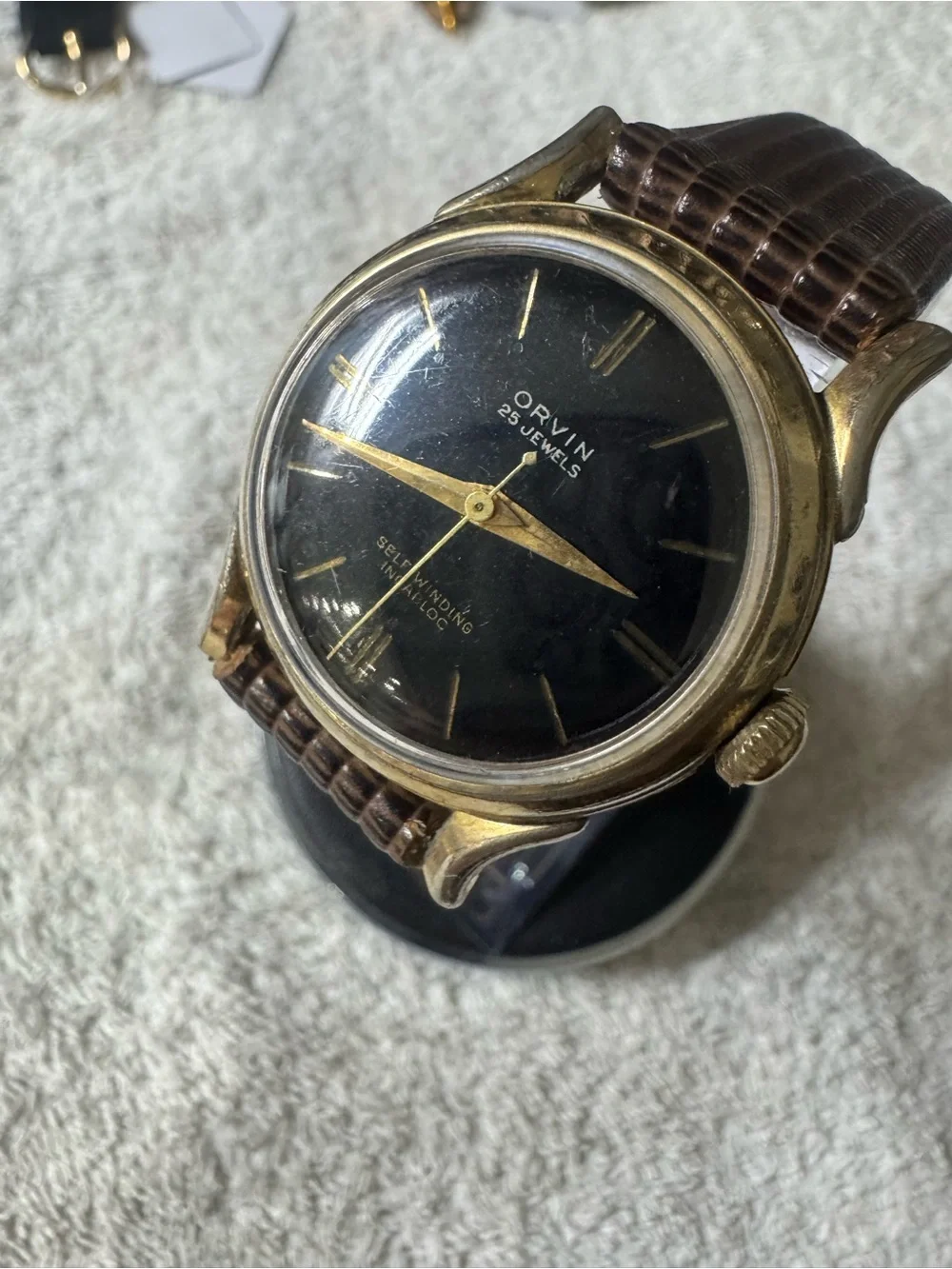 Men’s Black Dial Self-Winding Watch with Brown Strap